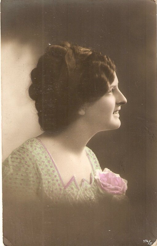 Pretty smilling lady with pink rose Nice vintage German  PC