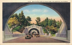 USA Boulevard Thru Elysian Park Los Angeles California Linen Postcard 07.98