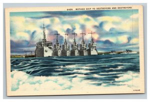 Vintage 1940's Military Postcard Mother Ship Destroyer and Fleet of Destroyers