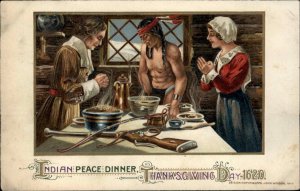Winsch Thanksgiving Pilgrims with American Indian Peace Dinner c1910 Postcard