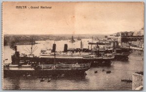 MALTA 1920 Postcard Grand Harbour Steamships Boats