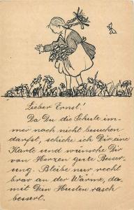 Switzerland 1919 postcard caricature girl picking flowers silhouette butterfly