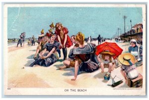 c1910's Womens And Mens On The Beach Umbrella Hat Unposted Antique Postcard