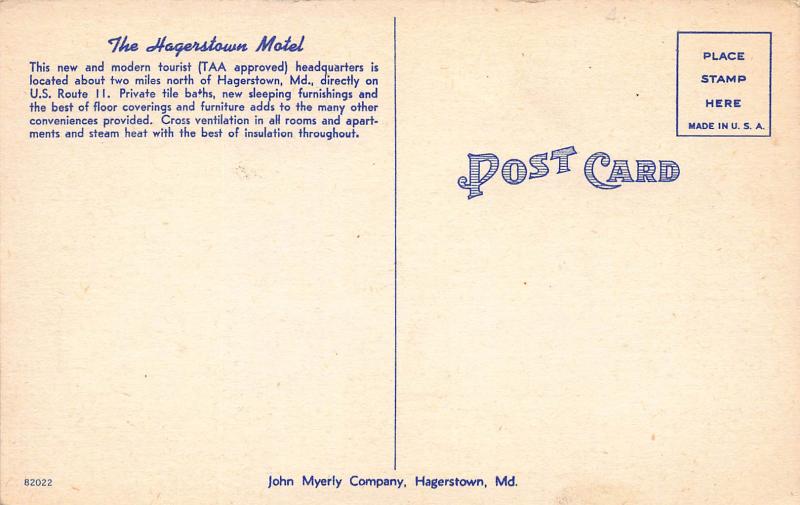 Hagerstown Motel, Hagerstown, Maryland, Early Postcard, Unused