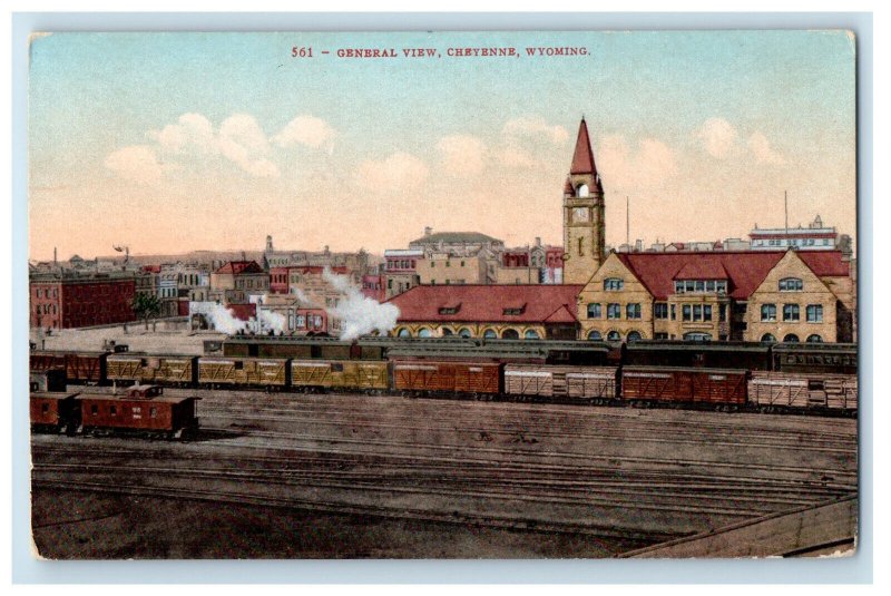 c1910 General View of Train Wagons, Buildings, Cheyenne Wyoming WY Postcard