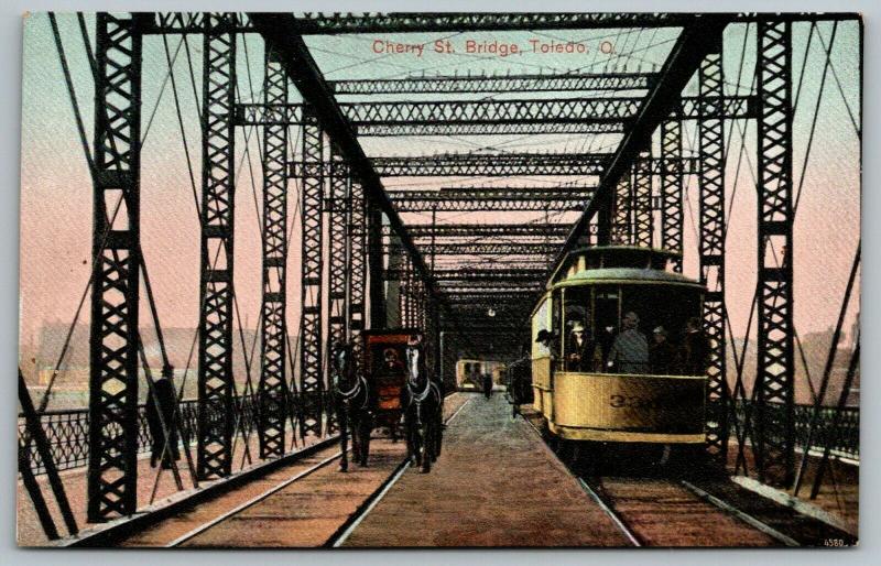 Toledo Ohio~Cherry Street Bridge~Horse Buggy Passes Men in Trolley #336~c1910 