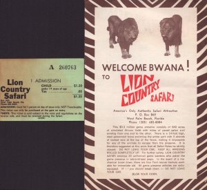 Vintage 1960's Lion Country Safari - Florida Brochure With Ticket Stub