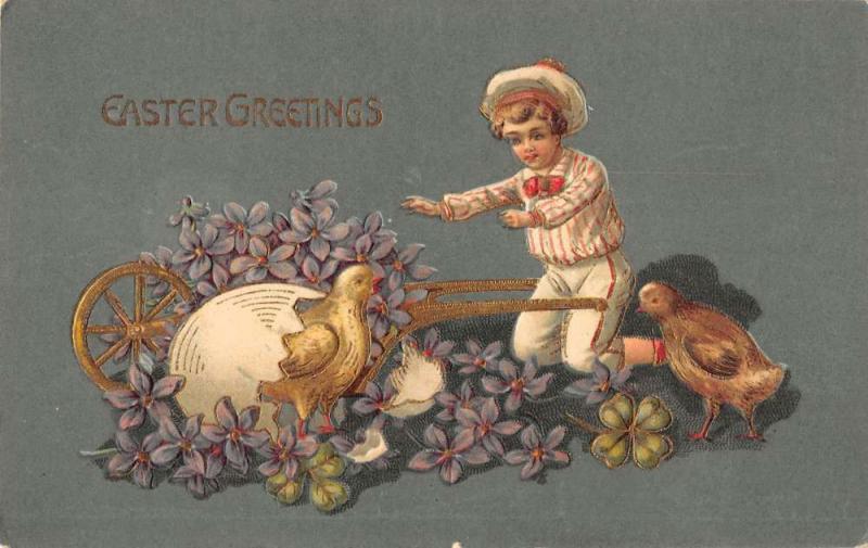 Easter Greetings Child With Egg Chicks Wagon Antique Postcard K25567