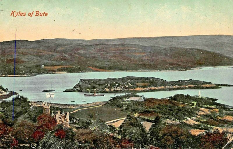 KYLES OF BUTE SCOTLAND UK~CASTLE CALADH~1910 POSTMARK PANORAMA  VIEW POSTCARD