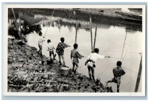 Yokohama Japan RPPC Photo Postcard Youthful Children Fishing 1932 Posted