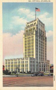 ATLANTA, GA Georgia CITY HALL Cars~Trolley Track c1940's Curteich Linen Postcard