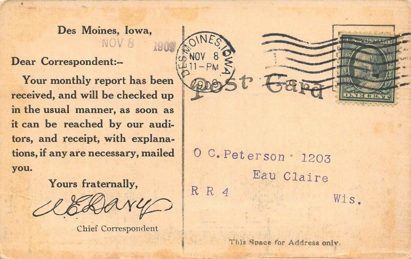 DES MOINES IA~BROTHERHOOD AMERICAN YEOMEN CASTLE-CORRESPONDENT REPORT POSTCARD