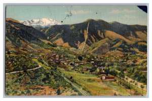 c1944 Postcard CO Manitou Springs Colorado Aerial View Incline Pikes Peak