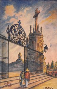 Taxco GR Watercolor Artist Signed Postcard: F Lugo: Gates~Church Tower c1910 