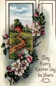 c1910 EASTER JOY FLOWERS COTTAGE STREAM LANDSCAPE WHITNEY MADE POSTCARD 20-154 