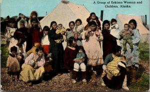 Postcard Group of Eskimo Women and Children in Alaska