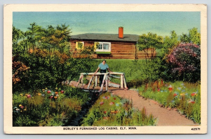 Ely Minnesota~Burley's Furnished Log Cabins Resort~Woman @ Footbridge~1941 Linen