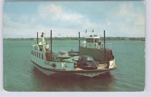 Car Ferry Arriving At Prescott, Ontario, Vintage Chrome Postcard, Old Cars