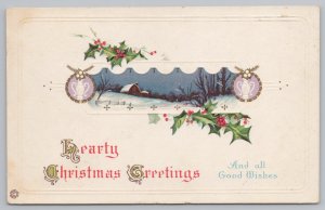 Holiday~Holly & Home On Hill At Night~Christmas Card~Stecher Vintage Postcard