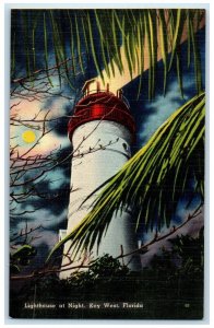 c1940's Lighthouse At Night Key West Florida FL, Moon View Vintage Postcard