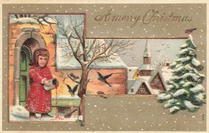 A merry Christmas Gold Gilded Girl Feeding The Birds Tree Postcard