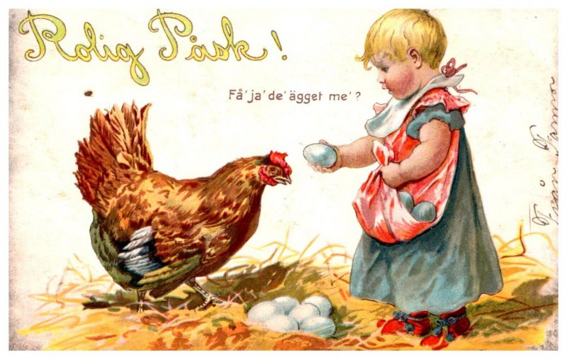 Easter ,Rolig Pask, Girl collecting Eggs signed Jermy Nyairor