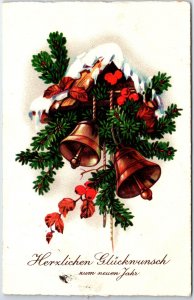 VINTAGE POSTCARD NEW YEAR GREETINGS BELLS THISTLE VILLAGE HOME GERMANY 1930s