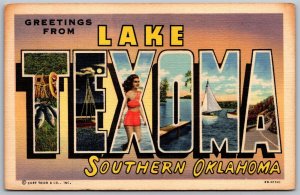Vtg Large Letter Greetings From Lake Texoma Oklahoma OK 1940s Linen Postcard