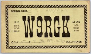 1936 QSL Radio Card W9RGK Gering Nebraska Amateur Radio Station Posted Postcard