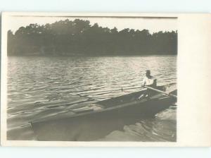 rppc 1920's Nautical MAN ROWING LONG BOAT AC8870