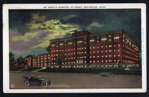 Minnesota ROCHESTER St. Mary's Hospital at Night old car - pm1934 - White Border