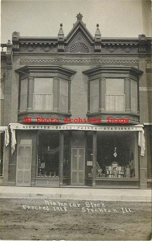 IL, Stockton, Illinois, RPPC, Niemeyer Drug Store, Architecture, Photo