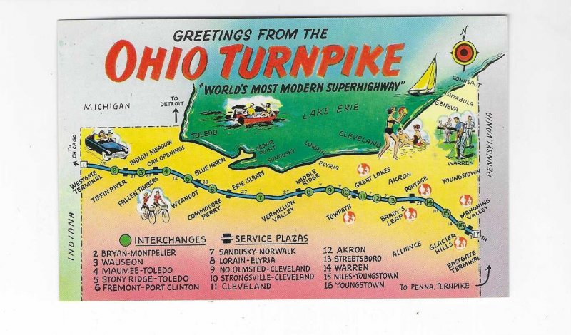 Vtg 60's Ohio Turnpike Map Greetings Plastichrome Postcard