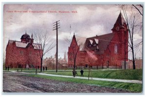 1908 Court House Congregational Church Kids Play Dirt Road Manistee MI Postcard
