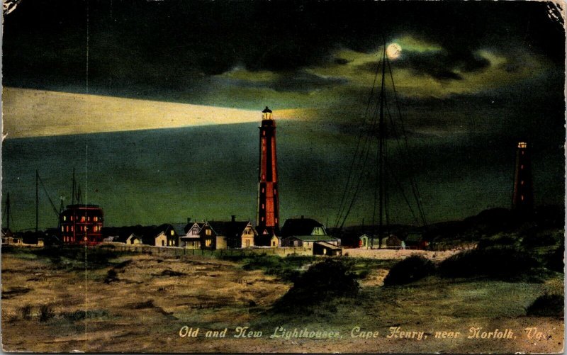 Cape Henry VA Lighthouse Wireless Telegraph Tower Night Postcard  c1910