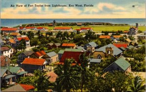 Linen Postcard Aerial View of Fort Taylor from Lighthouse in Key West, Florida