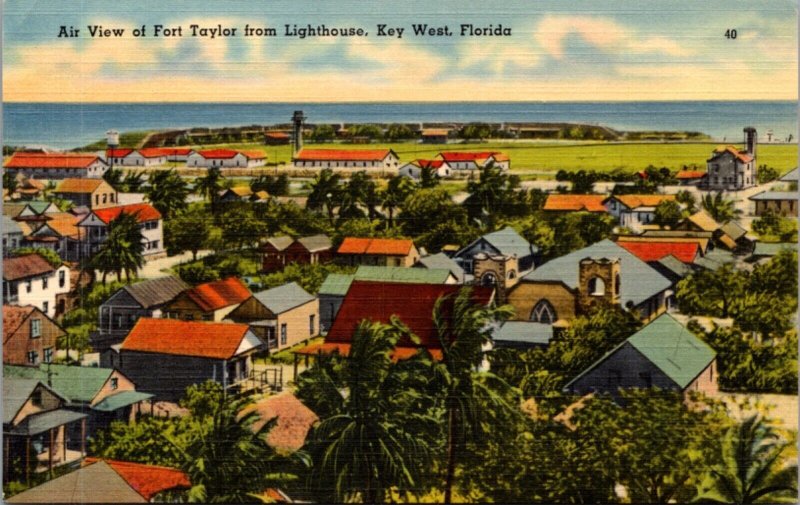 Linen Postcard Aerial View of Fort Taylor from Lighthouse in Key West, Florida
