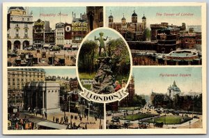 Vtg England Tower Of London Marble Arch Piccadilly Circus Multiview Postcard