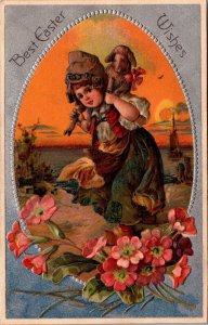 Easter Postcard Little Girl Carrying Lamb Over Her Shoulders Pink Flowers