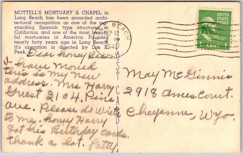 1943 Long Beach CA-California, Mottell's Mortuary & Chapel, Vintage Postcard