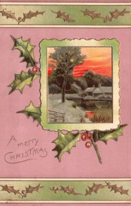 Vintage Postcard Merry Christmas Xmas Greetings Card House Lake Nature Framed