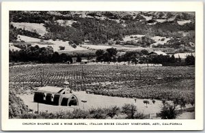 Church Shape Lake A Wine Barrel Italian Swiss Vineyards Asti California Postcard