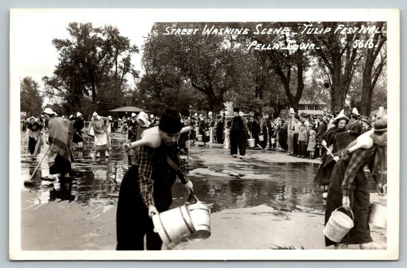 Pella Iowa~Tulip Time~Street Scrubbing~Shoulder Buckets & Brooms~1950s 