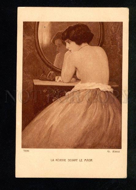 033333 Semi-NUDE Lady near Mirror By ALAUX Vintage ART NOUVEAU