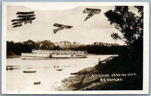 PHOTOMONTAGE AIRPLANES AIRSHIPS OVER BANGOR ME ANTIQUE REAL PHOTO PC RPPC SHIP