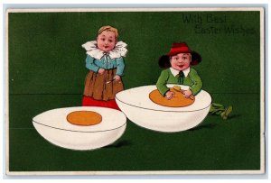 c1910's Easter Wishes Dutch Boy And Girl Eating Egg Embossed Germany Postcard