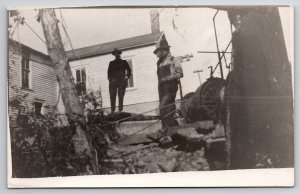 RPPC Men Construction Tree Winch  Winching Postcard B30