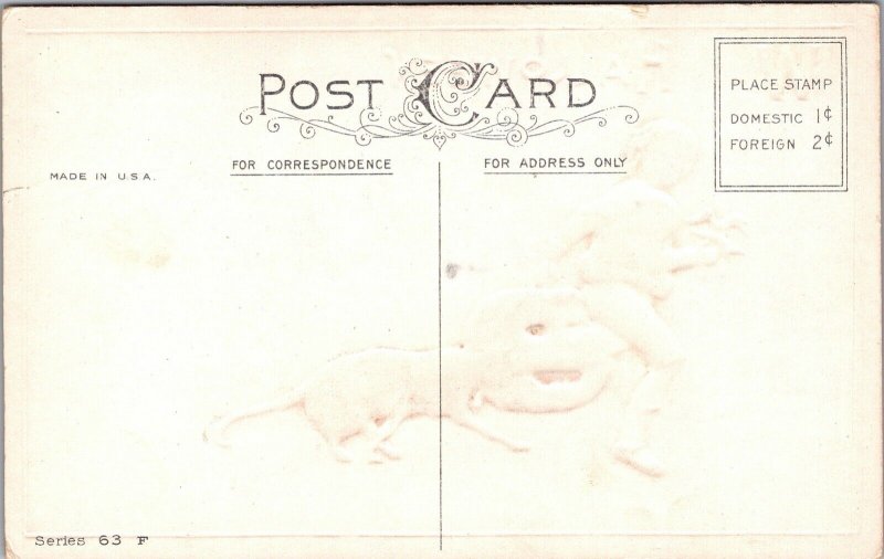 Vintage Stecher Litho Co. Little Boy, JOL & Large Black Cat Halloween Postcard