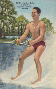 Cypress Gardens FL, Semi Nude Man Waterskiing, 1940s Teich Linen, Winter Haven