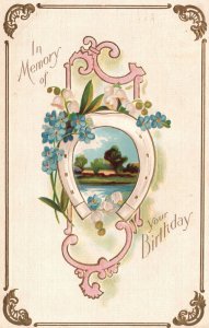 Vintage Postcard 1910's In Memory of Your Birthday Landscape Forget Me Nots 